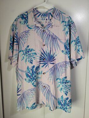 Tommy Bahama Men XL Palms IslandZone Camp Shirt Pink Blue Resort Hawaiian